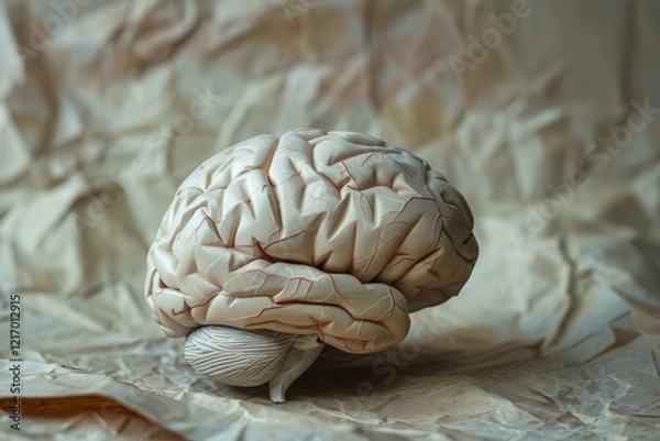 Fototapeta Anatomical model of human brain placed on crumpled paper, symbolizing complex thoughts and neurological research