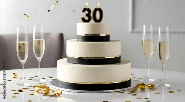 Obraz A stylish three-tier cake with "30" candles, surrounded by champagne flutes and festive decorations, perfect for a 30th birthday celebration.