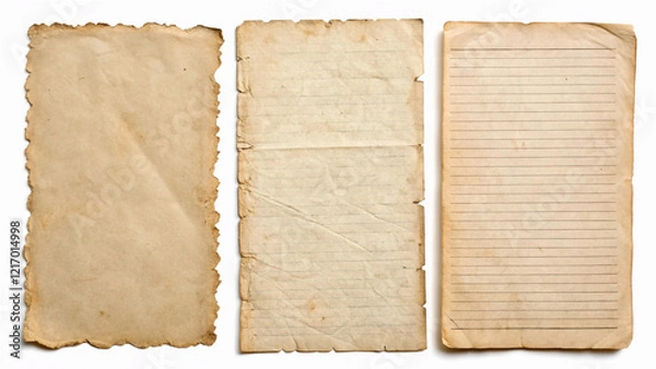 Fototapeta three vintage and antique paper textures, stained g with ripped / torn edges and old French ledger paper isolated on white a background, blank textured sheets as backgrounds or paris, shabby, chic, li