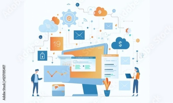 Fototapeta Collaborative Cloud Computing Illustration