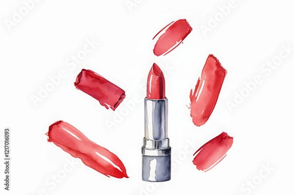 Fototapeta Watercolor illustration of a tube of red lipstick and smears around it on a white background.