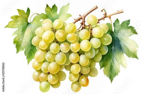 Fototapeta  Watercolor illustration of a ripe bunch of white grapes on a white background.