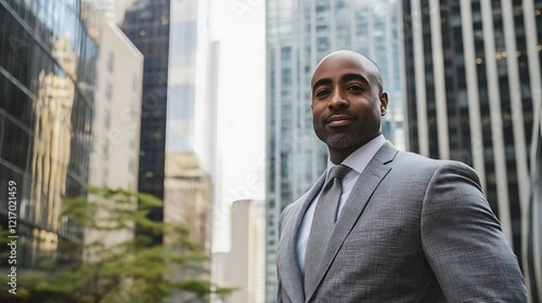 Fototapeta A man in a suit and tie stands in front of a tall building