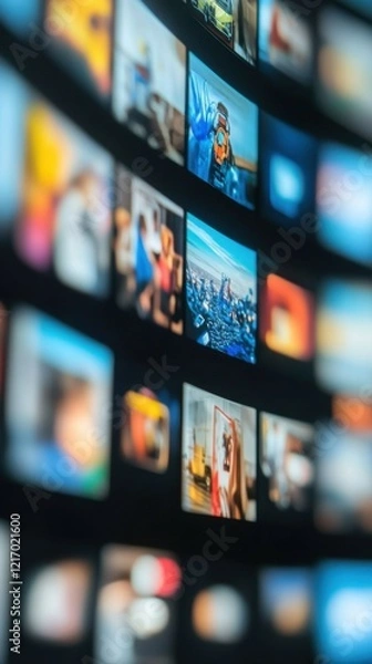 Fototapeta A dynamic digital wall displaying numerous colorful screens. The image depicts a futuristic concept of a smart TV media wall with diverse content.
