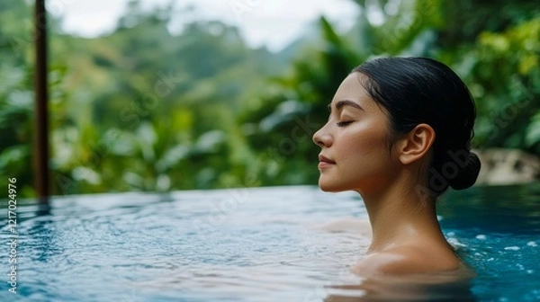 Fototapeta Woman relaxing in tranquil infinity pool surrounded by lush greenery in a tropical setting during daytime