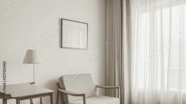 Fototapeta Minimalist living room featuring a cozy chair, lamp, and sheer curtains with soft light