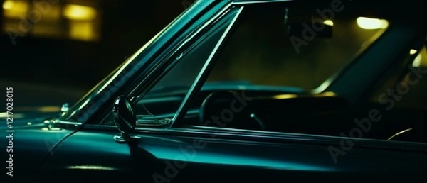 Fototapeta Nighttime scene on empty street with car and side view mirror