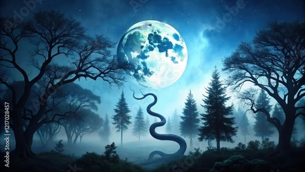 Fototapeta Dark forest landscape with a snake's body formed by tree silhouettes, set against a bright moonlit sky, animal silhouette, forest environment