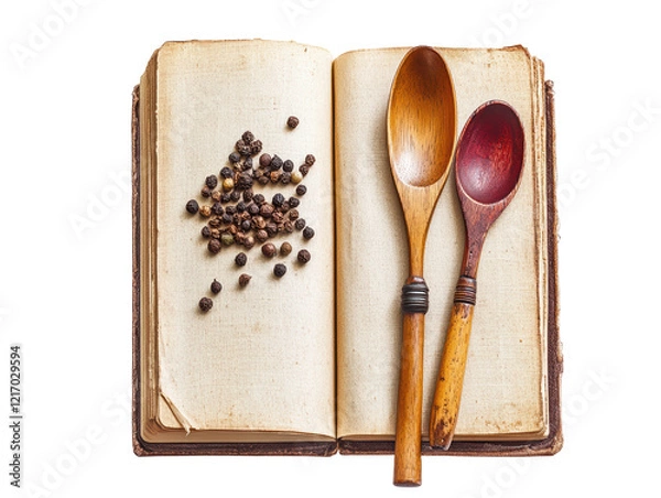 Fototapeta Isolated Open Vintage Cookbook with Spoons and Pepper