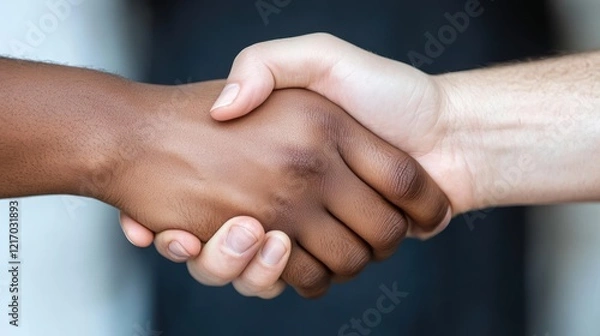 Fototapeta A striking visual of two diverse hands in a firm handshake, representing the beauty of collaboration and the strength found in unity among different people.