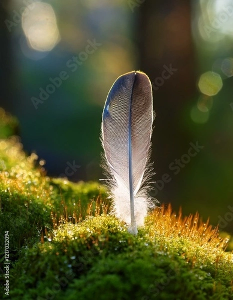 Fototapeta 柔らかな苔の上に置かれた一本の羽、朝日で輝く小さな露