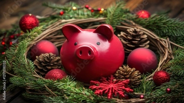 Fototapeta Festive Holiday Arrangement Featuring a Charming Red Piggy Bank Surrounded by Christmas Ornaments, Pine Cones, and Evergreen Foliage on Rustic Wooden Table