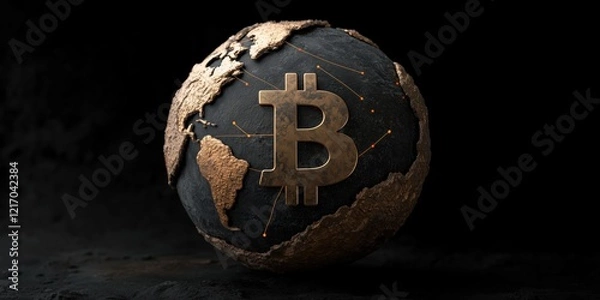 Fototapeta Symbolizing global finance with a 3D representation of Bitcoin on a textured globe at night