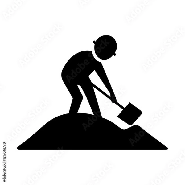 Fototapeta Worker Silhouette Digging with Shovel on a Pile of Soil