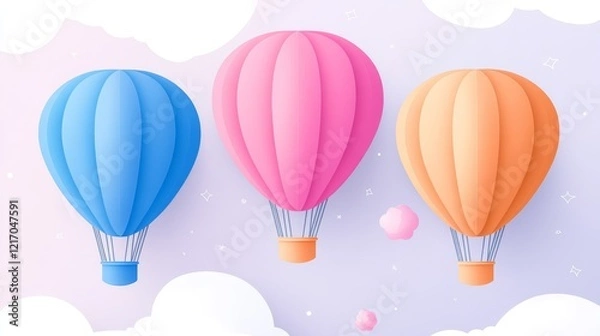 Fototapeta Three Pastel-Colored Hot Air Balloons Ascending in a Cloudy Sky