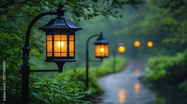 Fototapeta Illuminated path, misty forest, rain, lanterns, ambiance