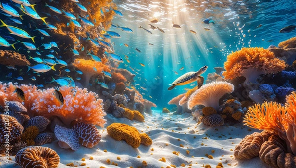 Obraz Breathtaking Underwater Scene with Turtles, Coral Reefs, and Vibrant Marine Life

