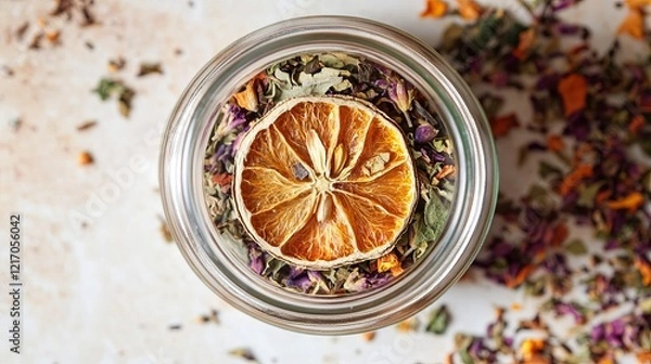 Obraz A single dried citrus slice placed in a glass jar of herbal tea blend, styled on a pale surface picture