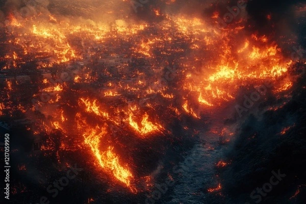 Fototapeta A large fire is burning in the open field