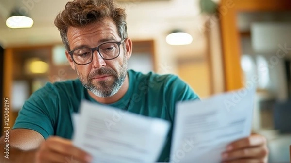 Fototapeta A focused man examines important documents, displaying a serious demeanor in an office setting, reflecting on decision-making and the weight of responsibility in his work.
