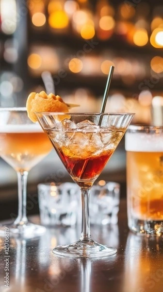 Fototapeta A vibrant display of various alcoholic drinks, including cocktails and beers, set against a blurred bar background. The focus is on a martini glass filled with ice and garnished.