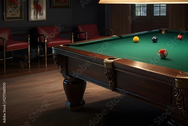 Obraz a room in the center of which you can see part of a billiard table covered with green baize and balls