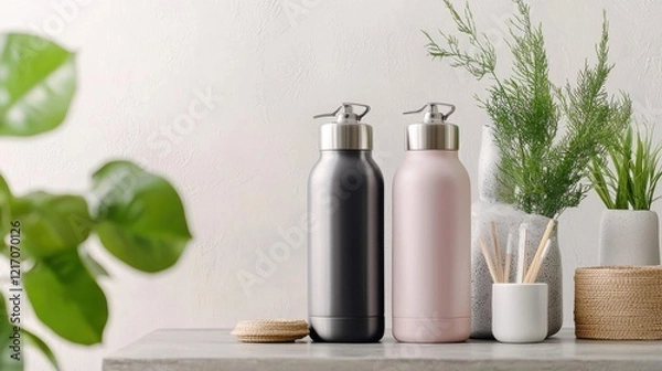Obraz Elegant Minimalist Insulated Bottles in Pink and Gray Tones for Sustainable