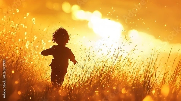 Fototapeta A child running through a field of tall grass at sunset, their laughter illuminated by the golden glow around them
