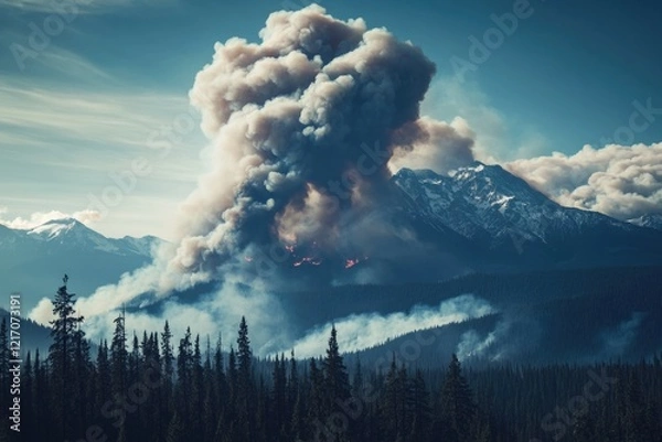 Fototapeta A massive cloud of smoke rises from the top of a mountain, with a rugged landscape in the background