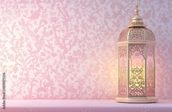 Fototapeta Ramadan background, color white with a small light pastel pink pattern, a large lantern, and a blank space for text on the right side, high-resolution photography.