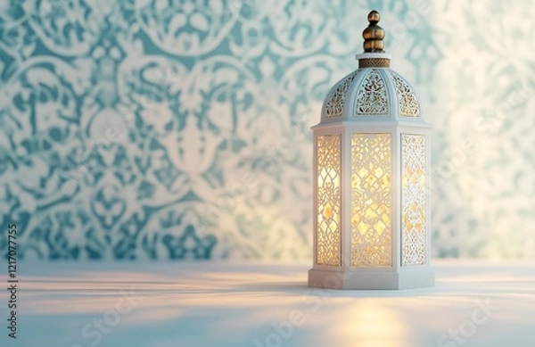 Fototapeta Ramadan background, color white with ample copy space for text or graphics, elegant lantern in the center, soft shadows from the side lights on an empty table, delicate Islamic patterns in light blue 