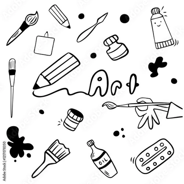 Fototapeta Vector set of an artist, art materials in doodle style: brushes, paints, lettering, spots, hand with a brush, paint cans