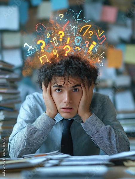Obraz In a cluttered office, a male manager sits at his desk, visibly stressed as he holds his head