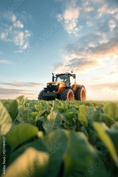 Obraz A low-angle view of an orange tractor in a lush green field under a clear blue sky, capturing the essence of speed and agricultural efficiency.