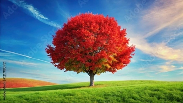 Fototapeta A majestic red maple tree stands tall and proud, its heart-shaped leaves glowing brightly against the soft blue sky on a warm summer day , summer landscape, vibrant green