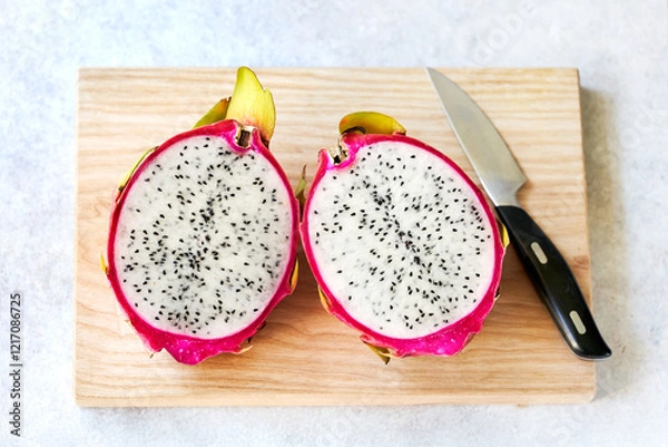 Obraz Halved dragon fruit on wooden board with knife. Top view. Flat lay.