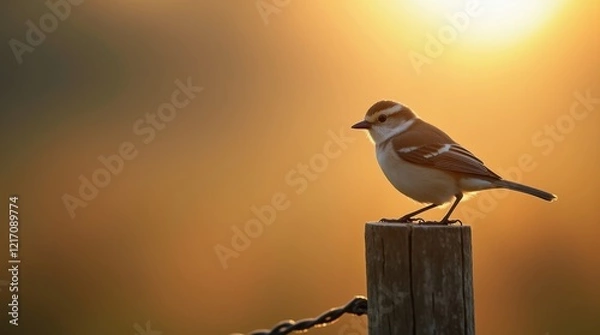 Obraz A small brown and white bird perches on a wooden post at sunset, silhouetted against the warm golden light. The tranquil scene evokes a sense of peace and serenity.