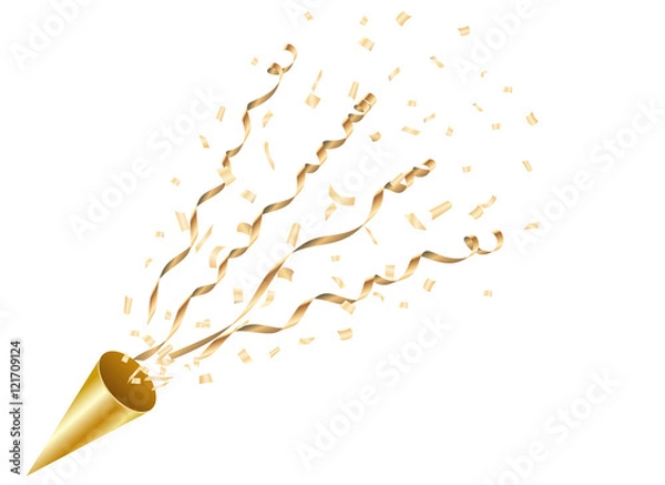 Fototapeta Exploding gold party popper with confetti and streamer Vector