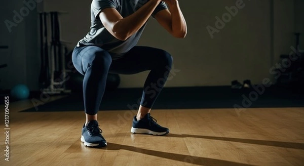 Fototapeta Man performing a squat exercise in a fitness studio for strength training