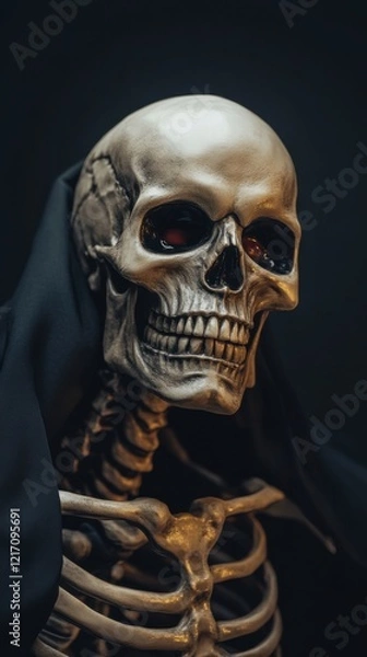 Fototapeta A grim reaper illustration featuring a skeletal figure with a dark cloak, set against a shadowy background, exuding an eerie and horror-themed atmosphere.
