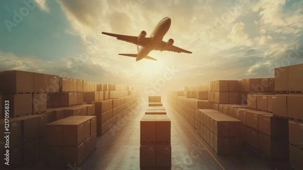 Fototapeta airplane flying over an open warehouse of boxes, shipping concept