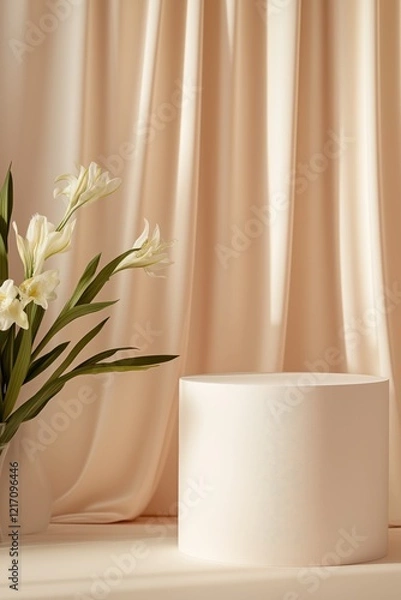 Fototapeta Minimalist Product Display: A pristine white podium stands center stage against a backdrop of soft, flowing peach-hued fabric.