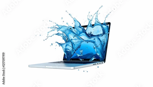 Fototapeta laptop with liquid splash, blue water explosion, digital art, 3D rendering, dynamic composition, high-speed photography effect, water droplets, surreal technology concept, photorealistic, vibrant blue