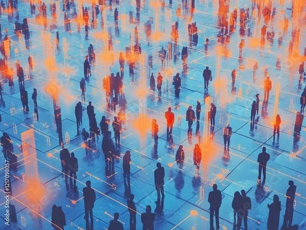 Fototapeta Abstract Digital Landscape With Glowing Figures And Lines