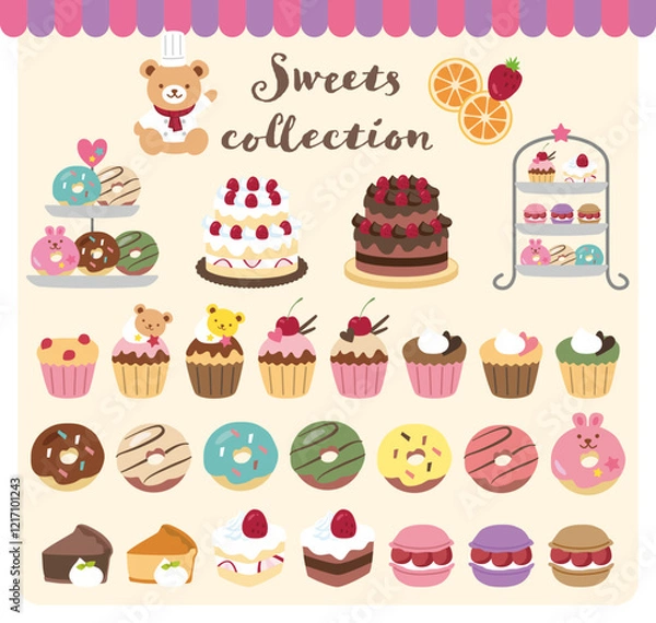 Obraz スイーツのイラストセット　ケーキ、ドーナツ、マカロン、カップケーキ、くまパティシエ、など