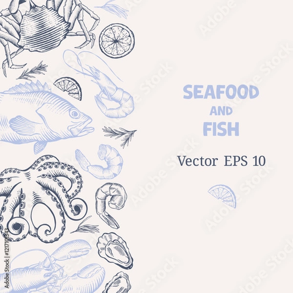 Obraz Hand drawn seafood and fish in line art style. Template for menus, invitations, or maritime themed designs

