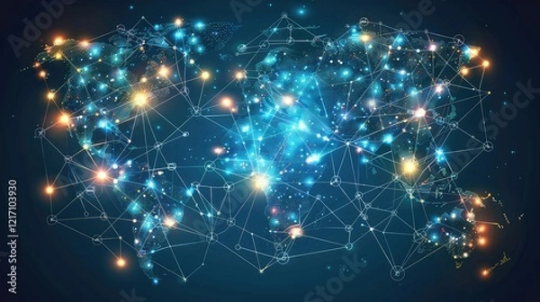 Fototapeta Global communications network concept with interconnected business nodes and human resource collaboration.