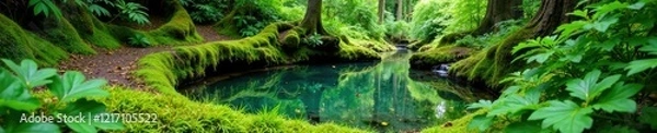 Fototapeta Forest floor covered in soft moss and ferns surrounding a tranquil pond, nature, greenery, ferns