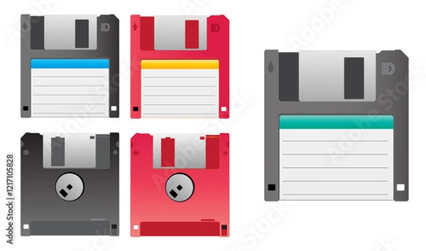 Fototapeta Set Illustration of Retro Floppy Disk Icons in Various Colors isolated
