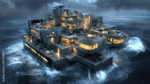 Fototapeta Futuristic Ocean Mansion Illuminated At Night